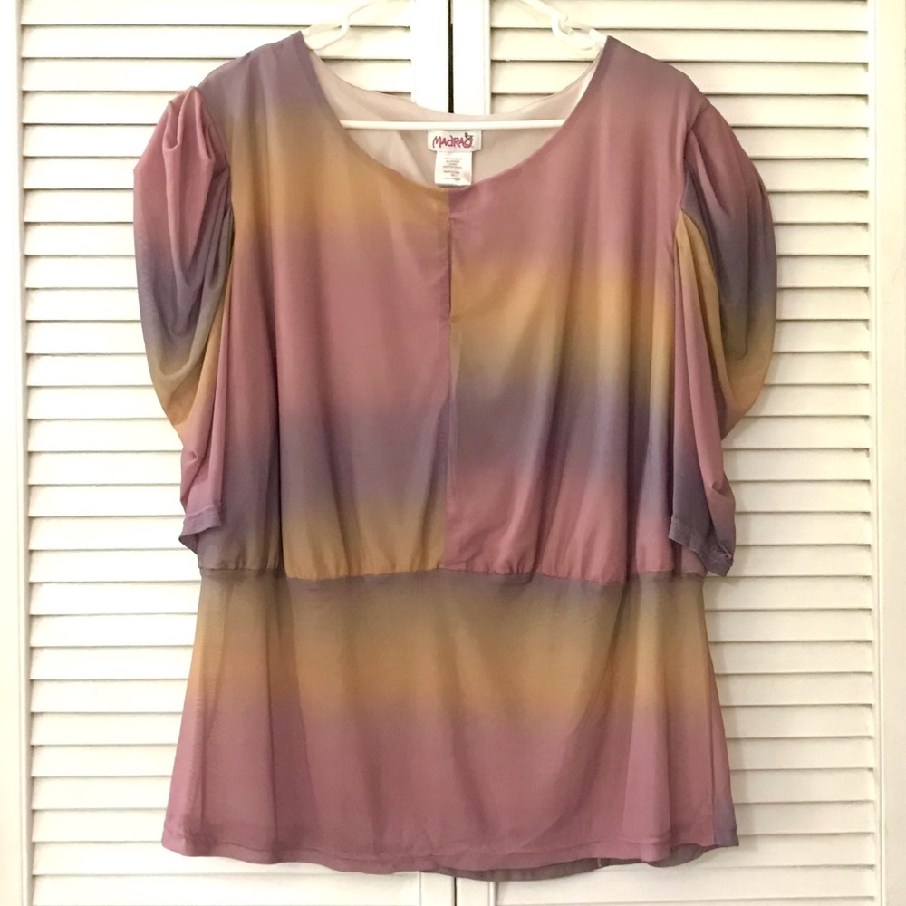 🆕 Madrag Womens Blouse Top 3X Pastel Rainbow Keyhole Puff Short Sleeve Chiffon